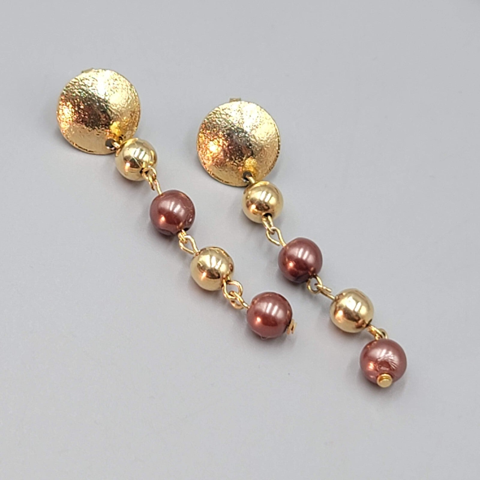 Pierced Earrings Gold Plated Bead Dangle 2.25"
