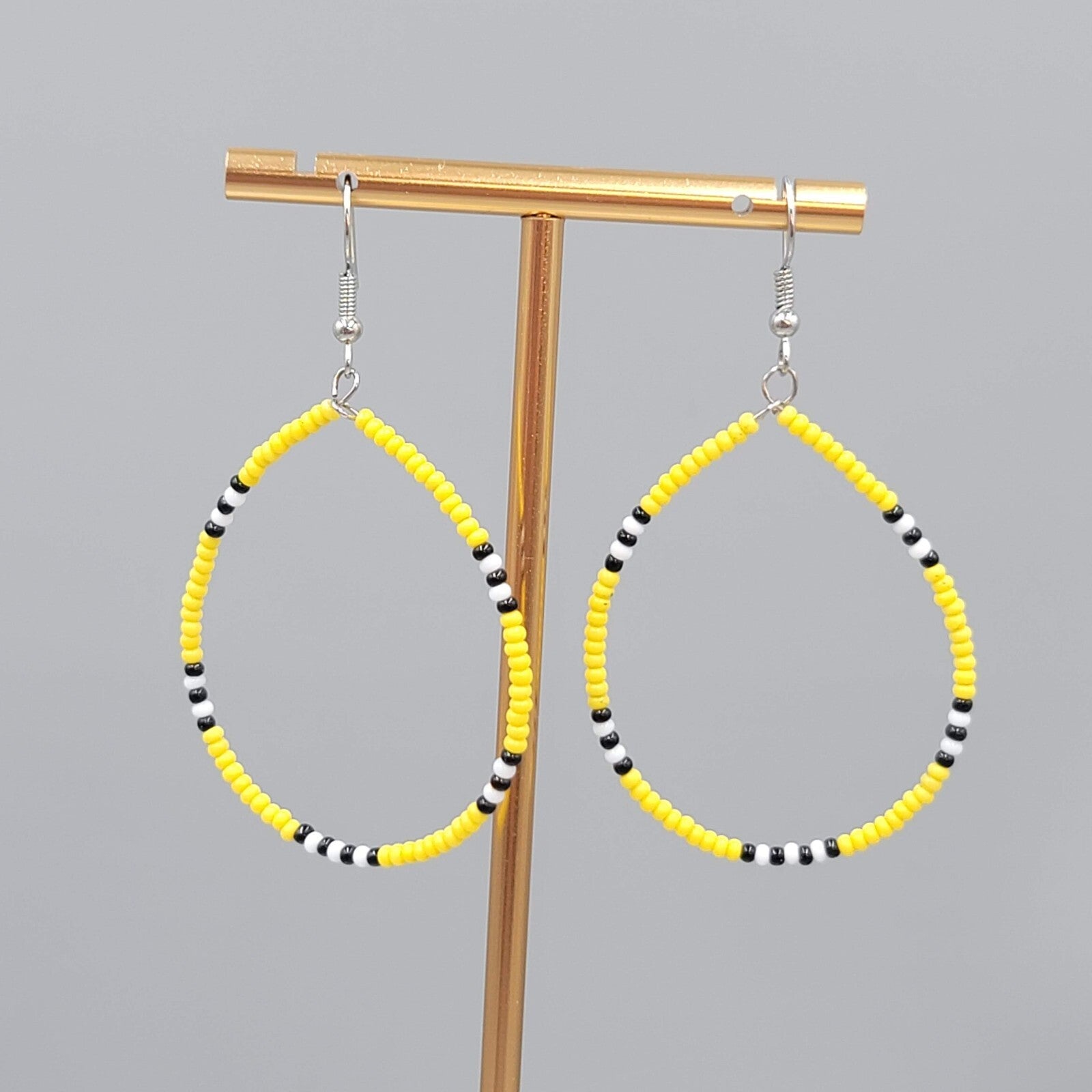 Hoop Pierced Earrings Yellow Black White Seed Bead Dangle 1.75"