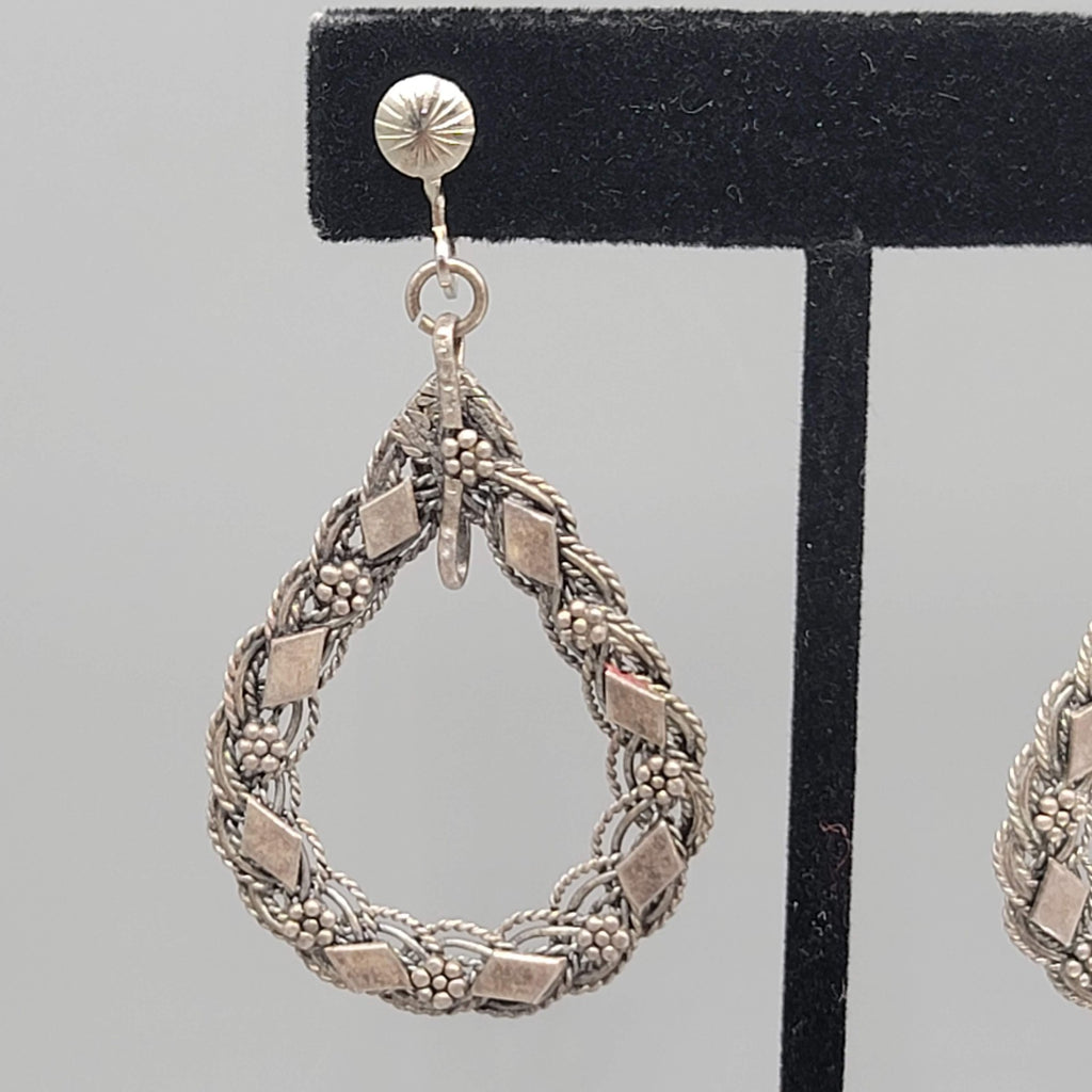 Vintage Open Teardrop Embossed Clip on Earrings Silver tone Dangle 2 in