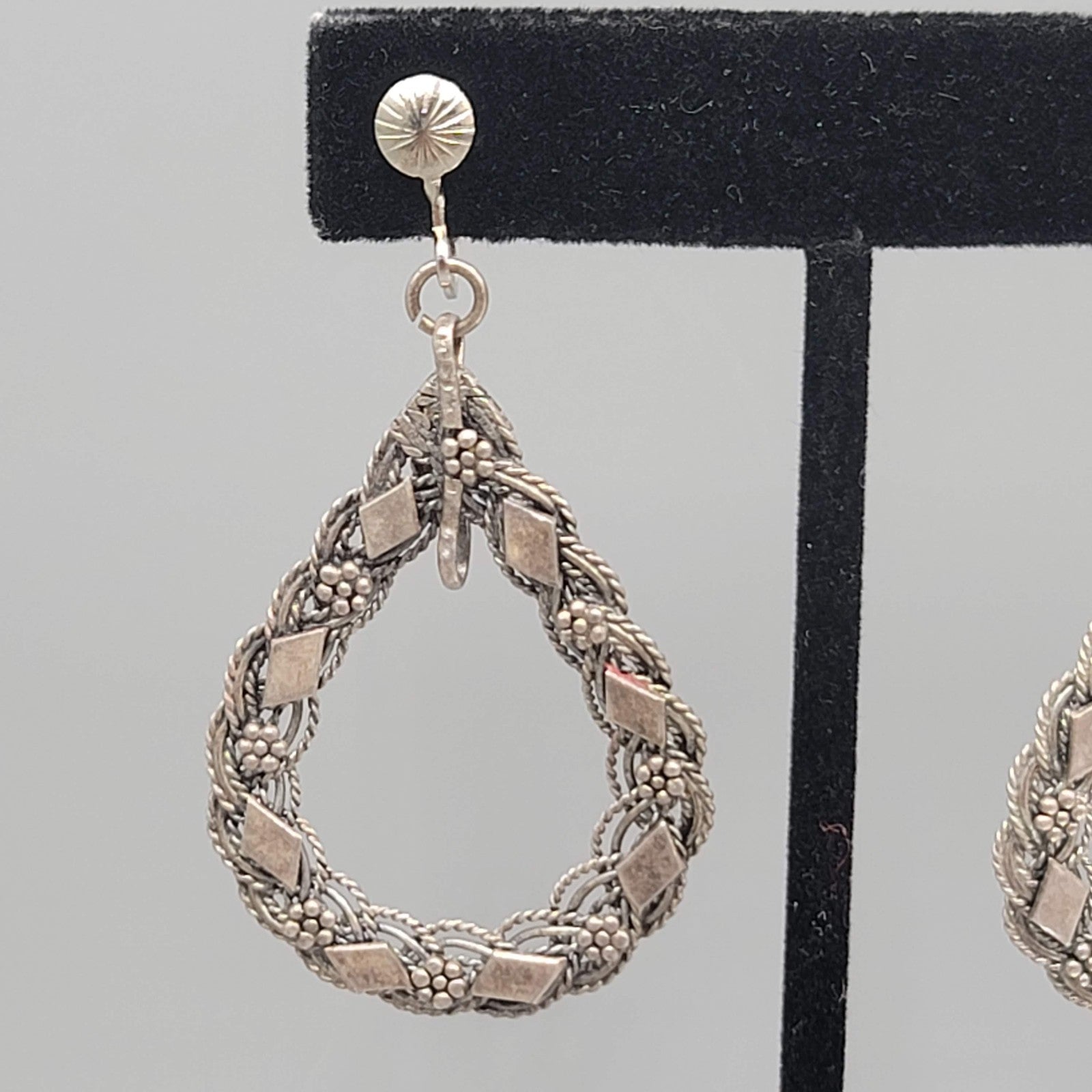 Vintage Open Teardrop Embossed Clip on Earrings Silver tone Dangle 2 in
