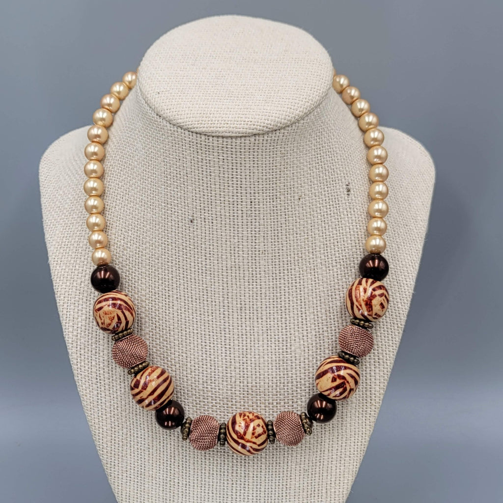 Bead Necklace Imitation Pearl Wood and Copper Mesh Beads  18"
