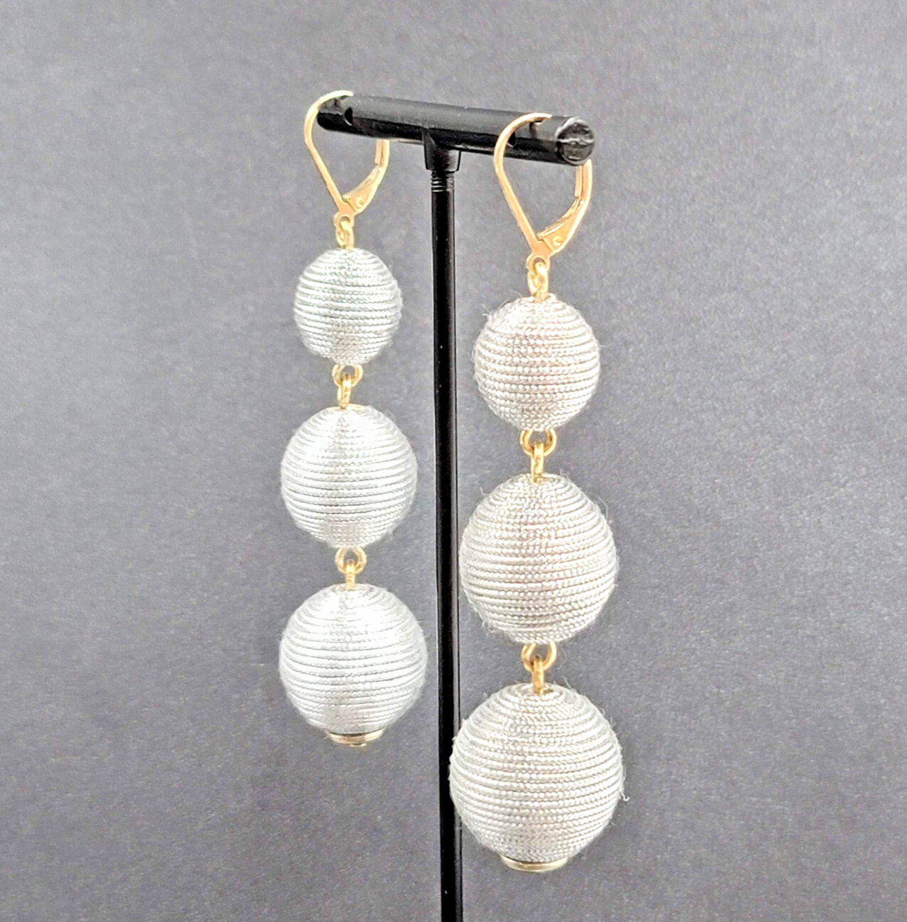 Pierced Earrings Silver tone Cord Covered Spheres Gold tone Leverback 2.5"