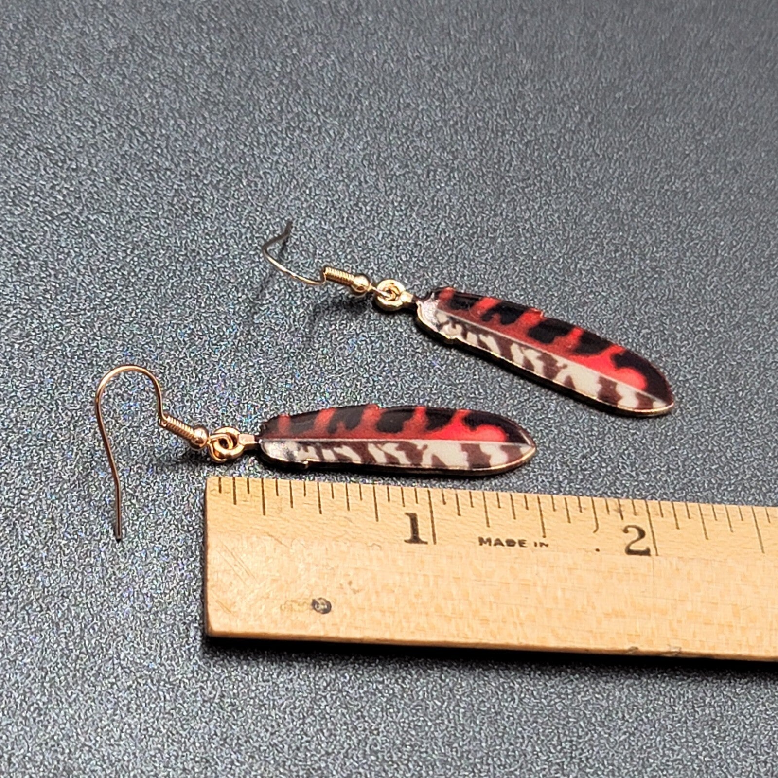 Metal Feather Pierced Earrings Red Black White Gold tone Dangle 1.5"