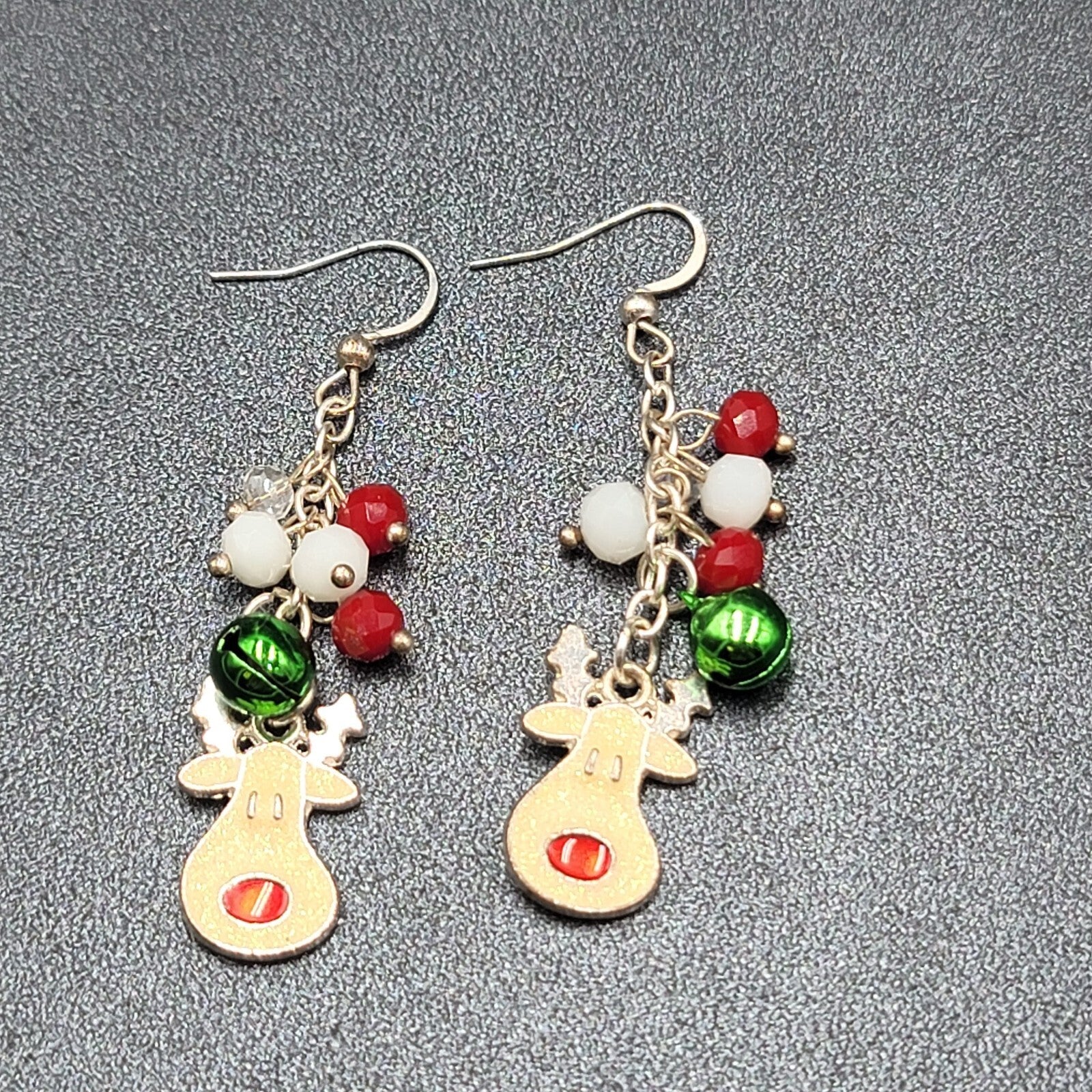 Christmas Pierced Earrings Silver tone Reindeer Jingle Bells 2"