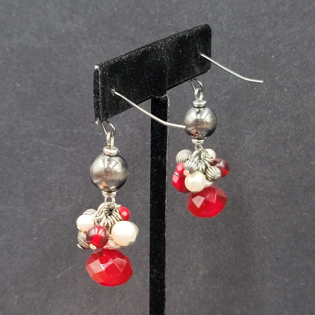 Pierced Earrings Silver tone Red Gray White Black Bead Dangle 1.5"