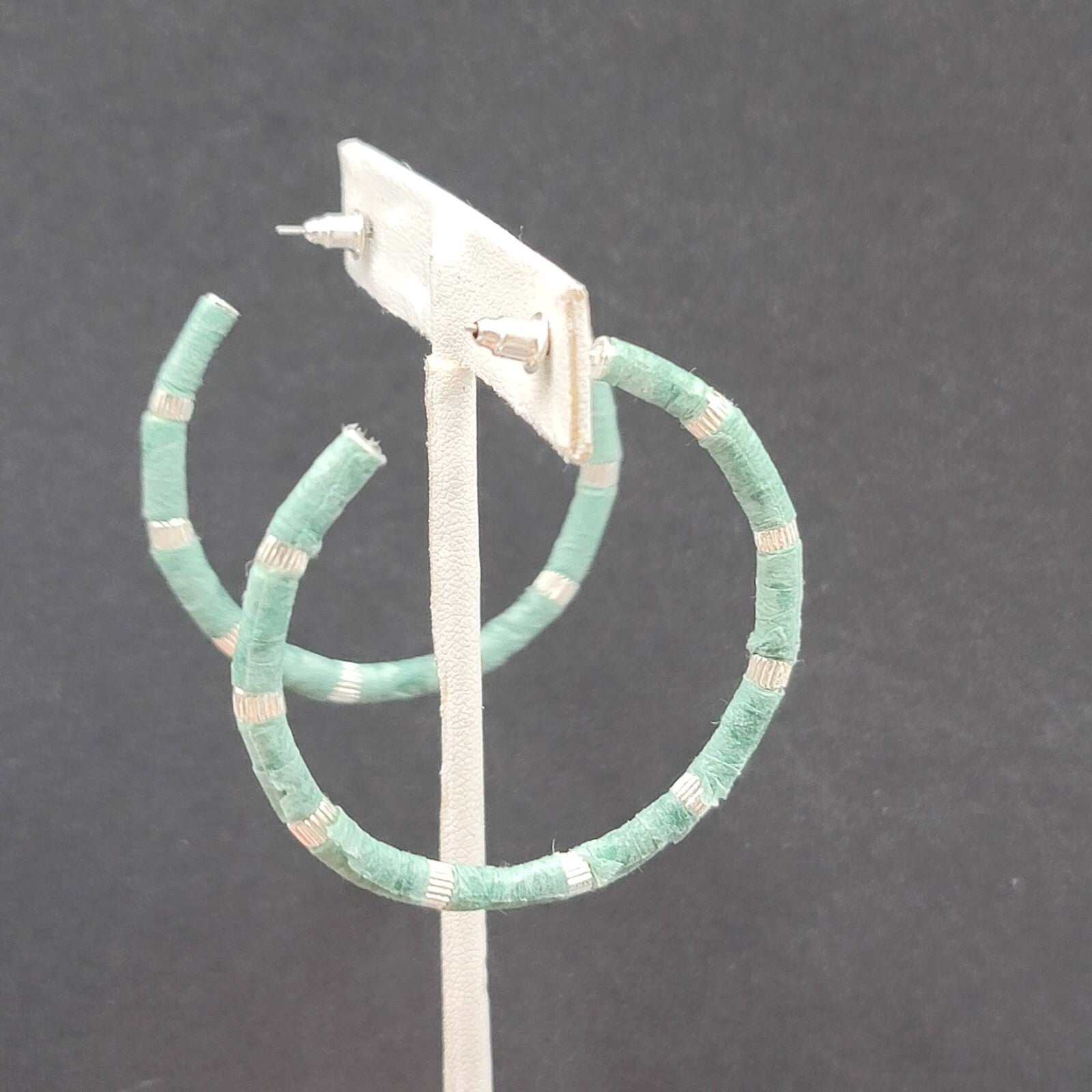Pierced Earrings Blue Teal Raffia Wrapped Silver tone Drop Hoops 1 7/8"