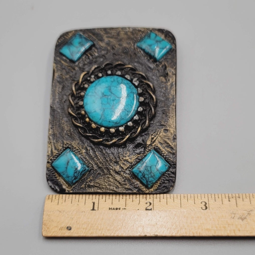 Vintage Belt Buckle Brass Blue Acrylic Accents 3 1/4" x 2 3/8"