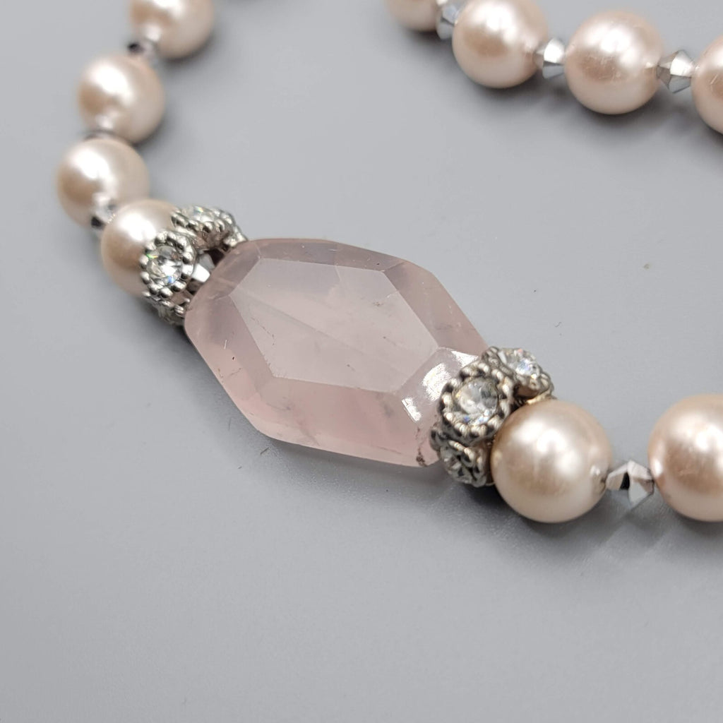 Pink Stone Bead Necklace Faux Pearl Silver tone Toggle Closure 18"