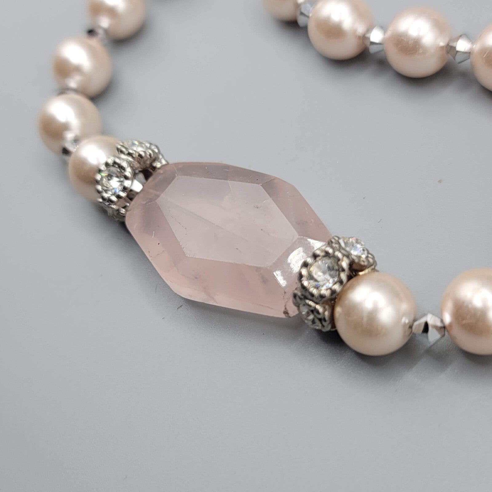 Pink Stone Bead Necklace Faux Pearl Silver tone Toggle Closure 18"