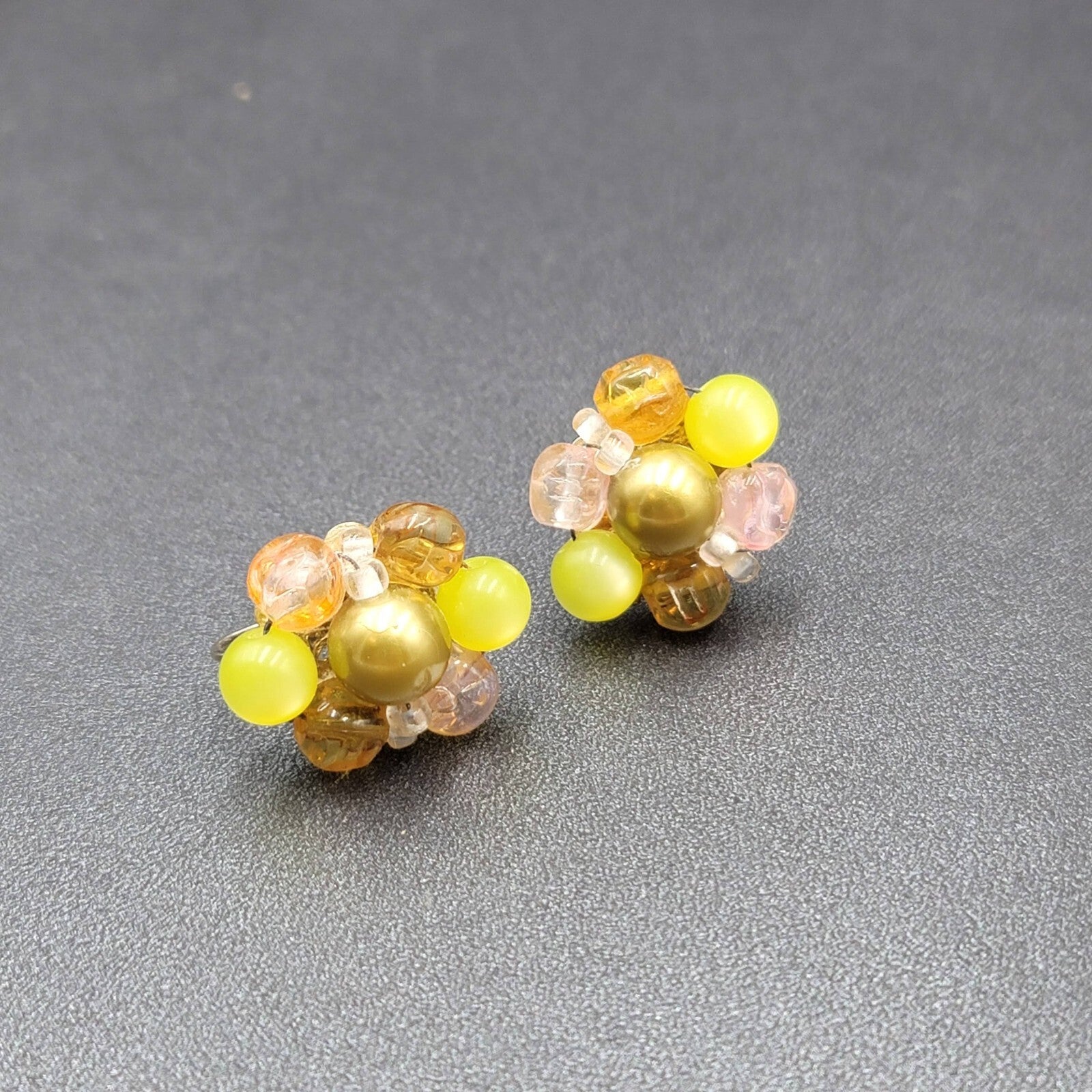 Vintage Clip on Earrings Yellow Green Pink Acrylic Cluster Bead Studs 1"
