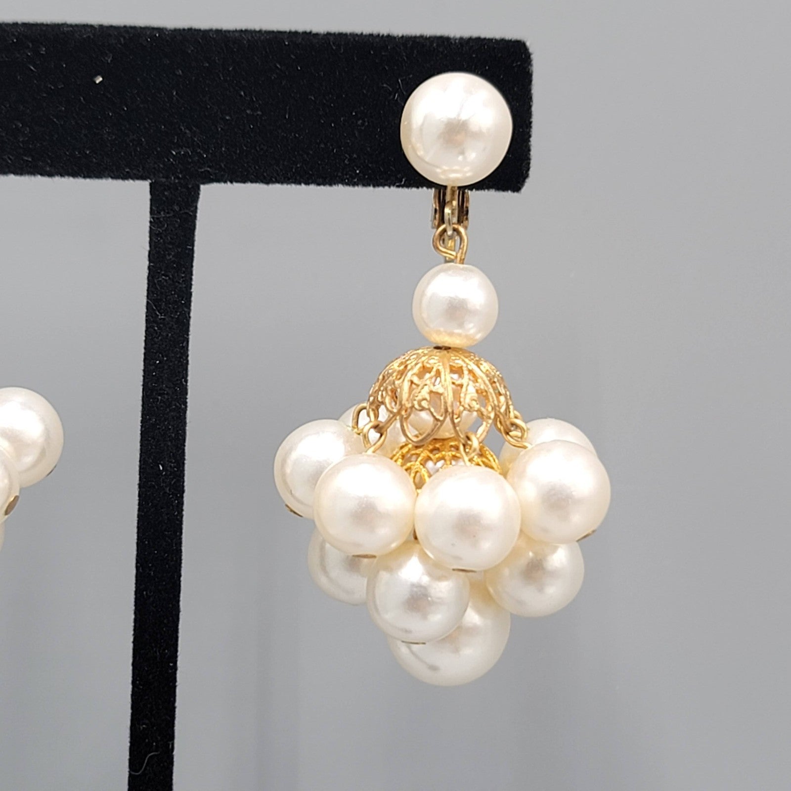 Vintage White Beaded Chandelier Clip on Earrings Gold tone Dangle 2 in