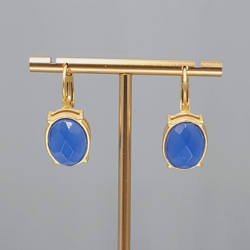 Oval Faceted Blue Pierced Earrings Matte Gold tone Drop 3/4"