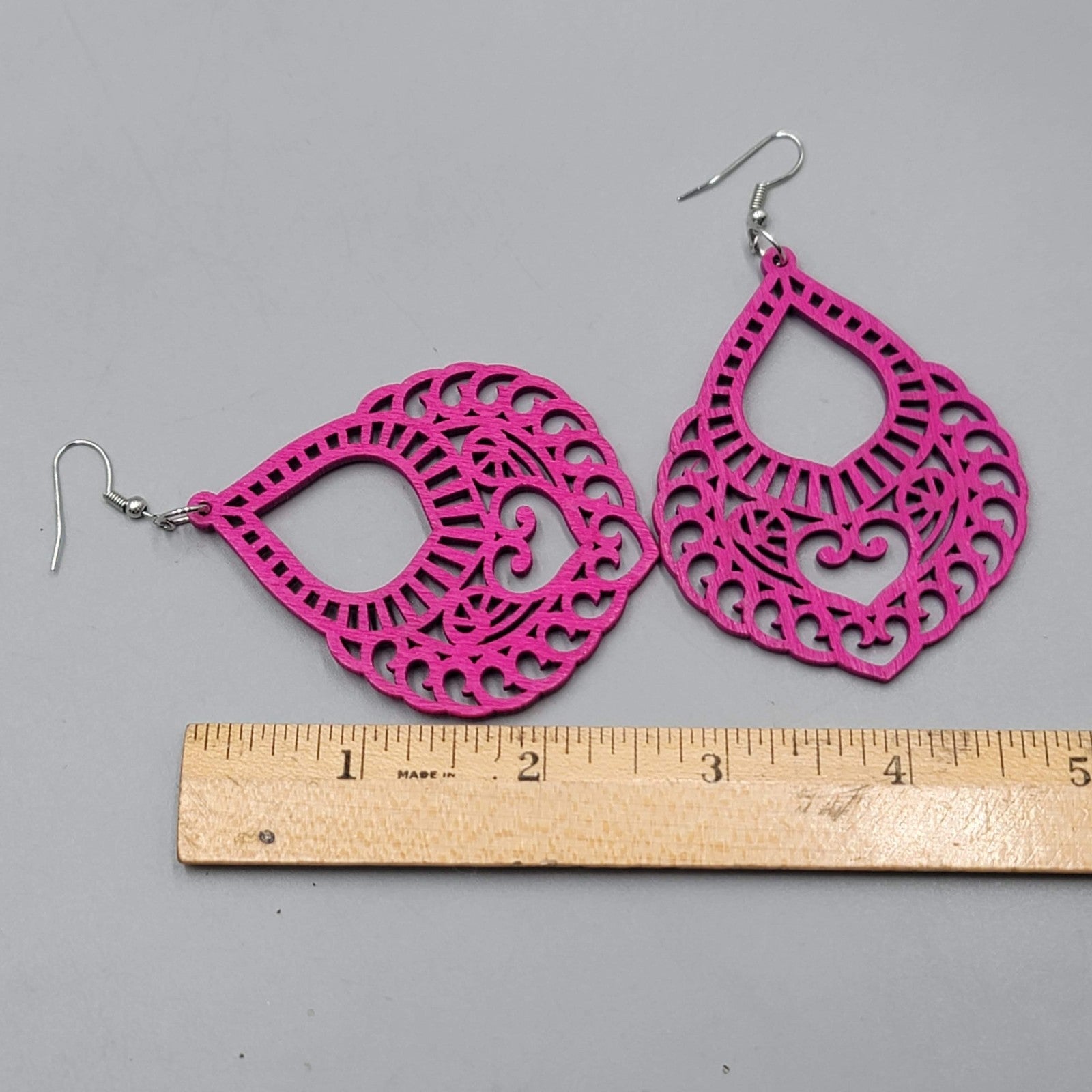 Bright Pink Wood Boho Pierced Earrings Large Statement Silver tone Dangle 3"