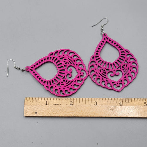Bright Pink Wood Boho Pierced Earrings Large Statement Silver tone Dangle 3"