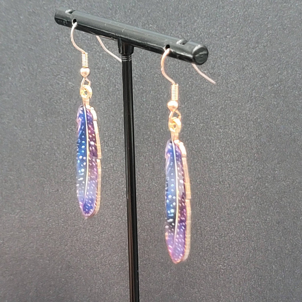 Metal Feather Pierced Earrings Blue Purple White Specks Gold tone Dangle 1.5"