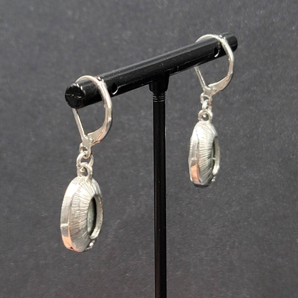 Pierced Earrings Silver tone Faceted Oval Glass Signed Dangle 3/4"