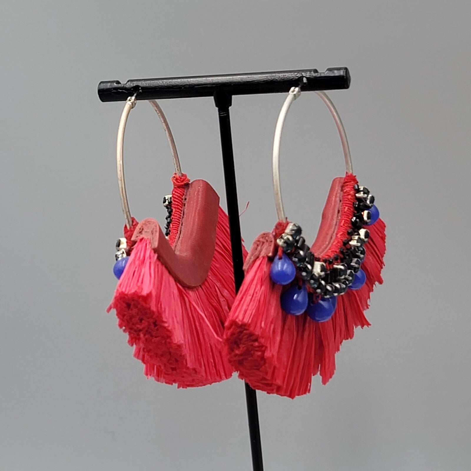 Large Statement Red Rattan Pierced Earrings Purple Bead Hoops 3"