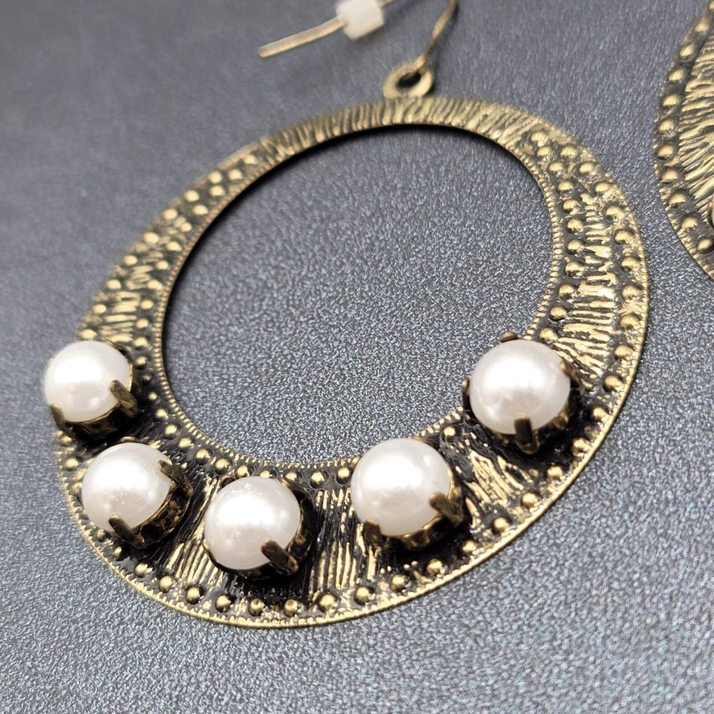 Pierced Earrings Bronze tone Large Hoops Faux Pearl Accents Statement Drop 2.25"