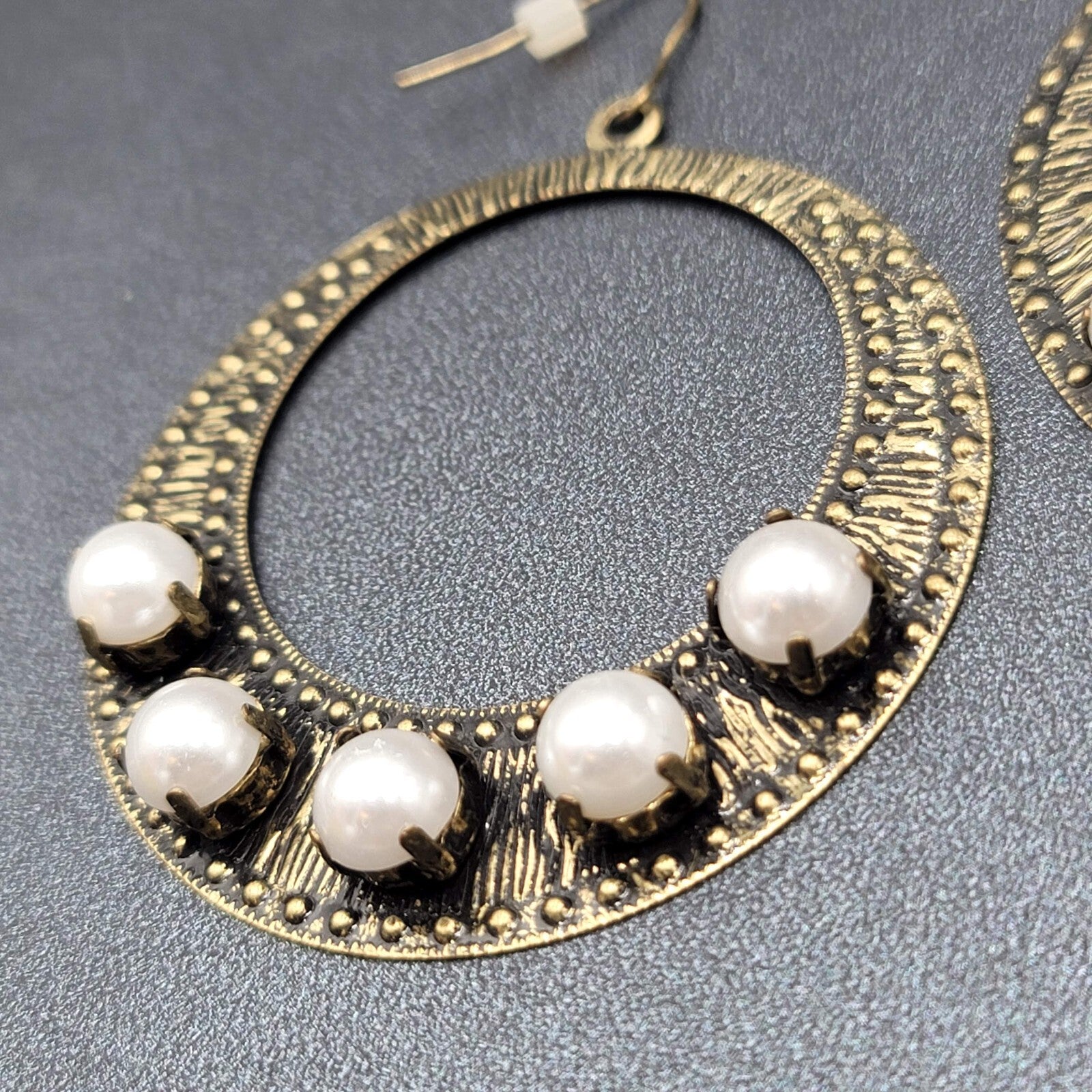 Pierced Earrings Bronze tone Large Hoops Faux Pearl Accents Statement Drop 2.25"