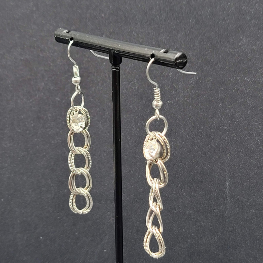 Pierced Earrings Silver tone Rhinestone Dangle Chain 1.75"