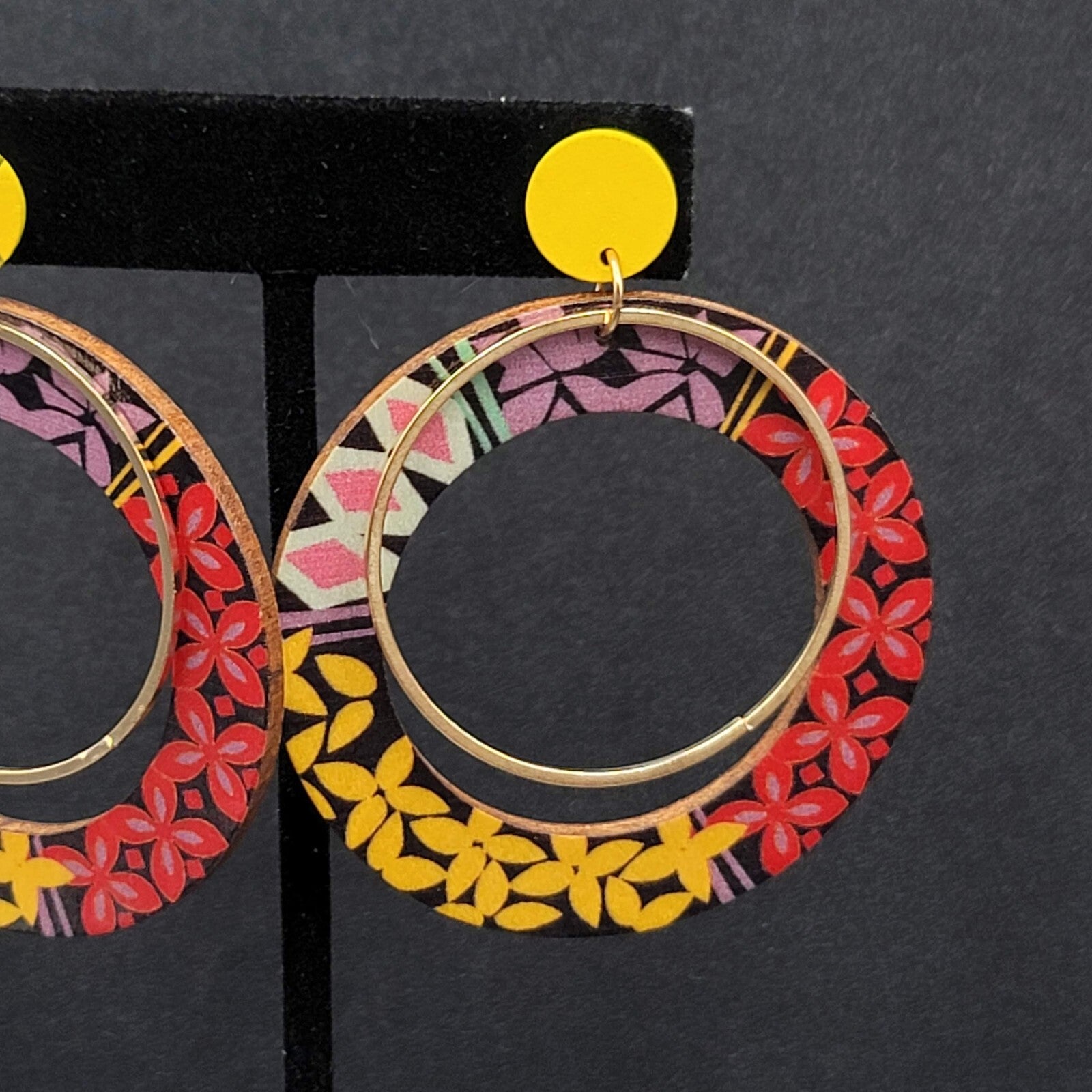 Pierced Earrings Multicolor Yellow Gold tone Wood Hoops Statement 2 3/8"