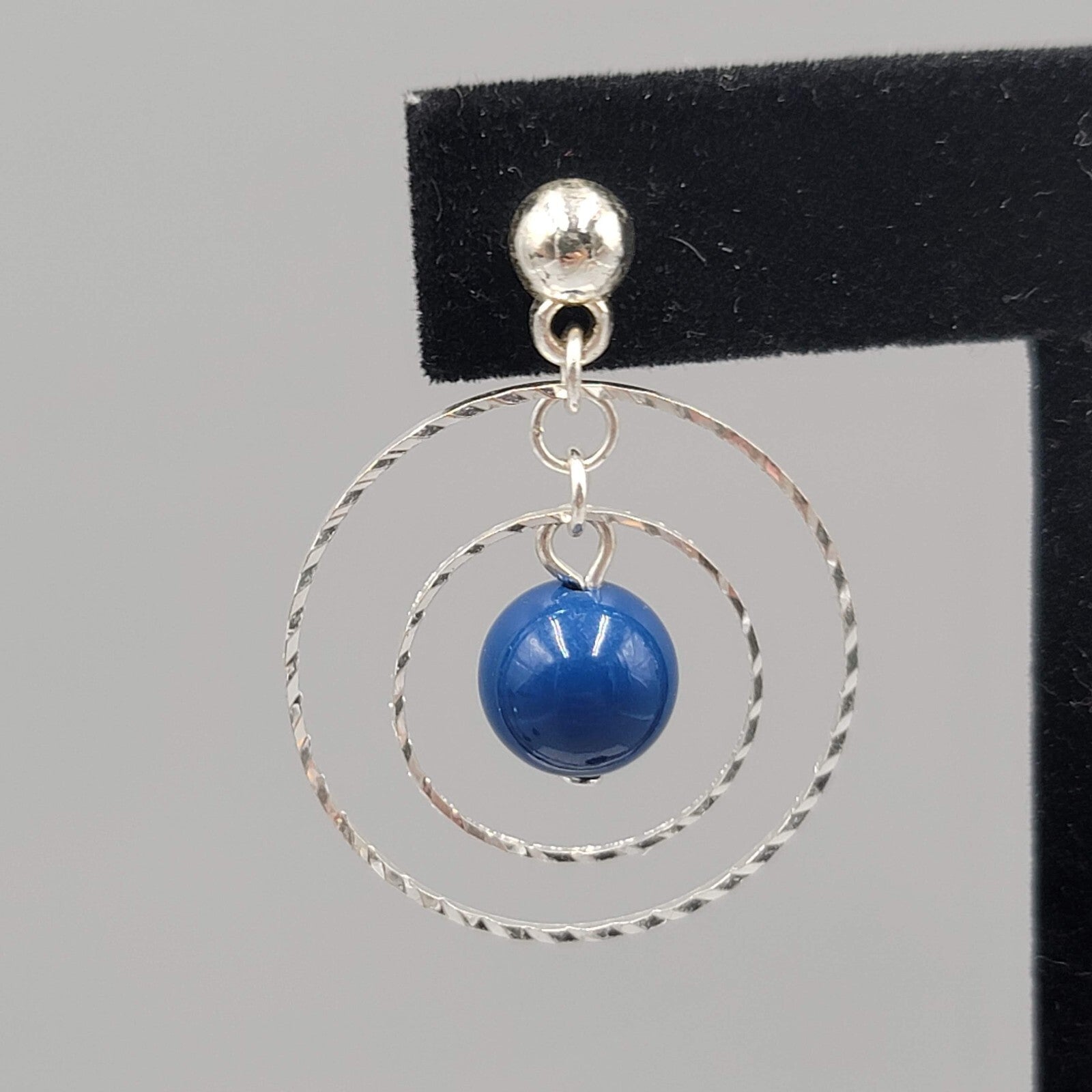 Dangle Circles Pierced Earrings Silver tone Blue Bead 1.25"
