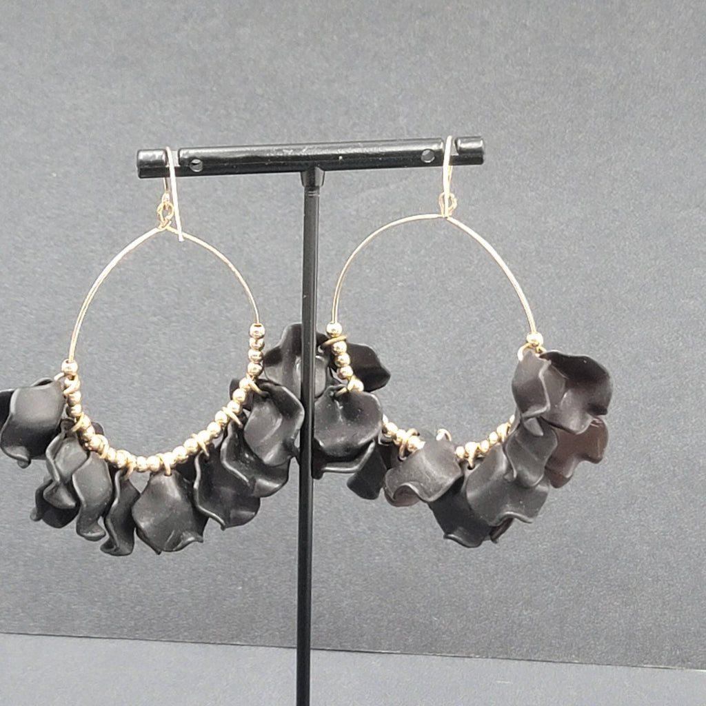 Pierced Earrings Gold tone Black Acrylic Hoops Dangle 2.5"