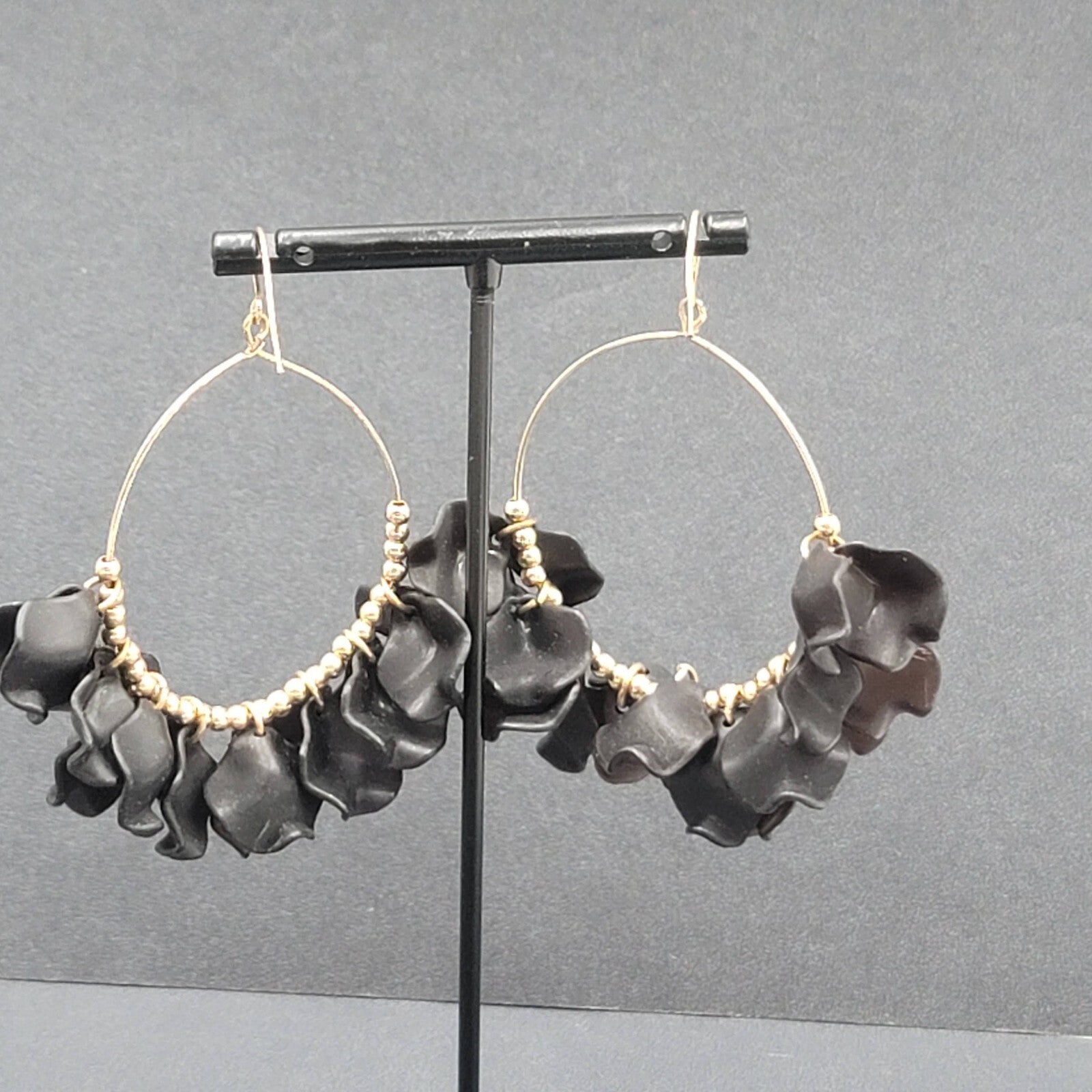 Pierced Earrings Gold tone Black Acrylic Hoops Dangle 2.5"