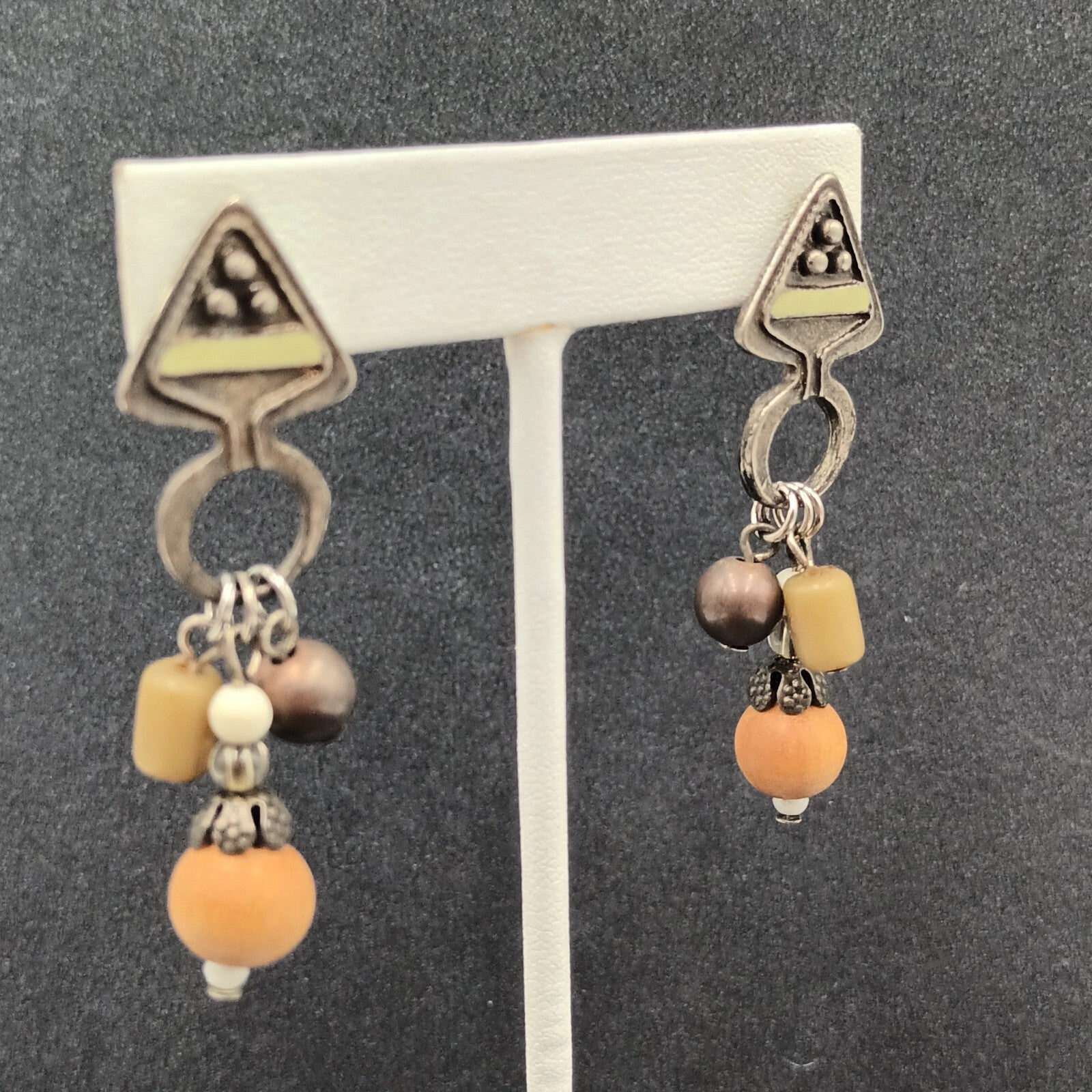 Boho Pierced Earrings Silver tone Wood Bead Dangle 2.25"