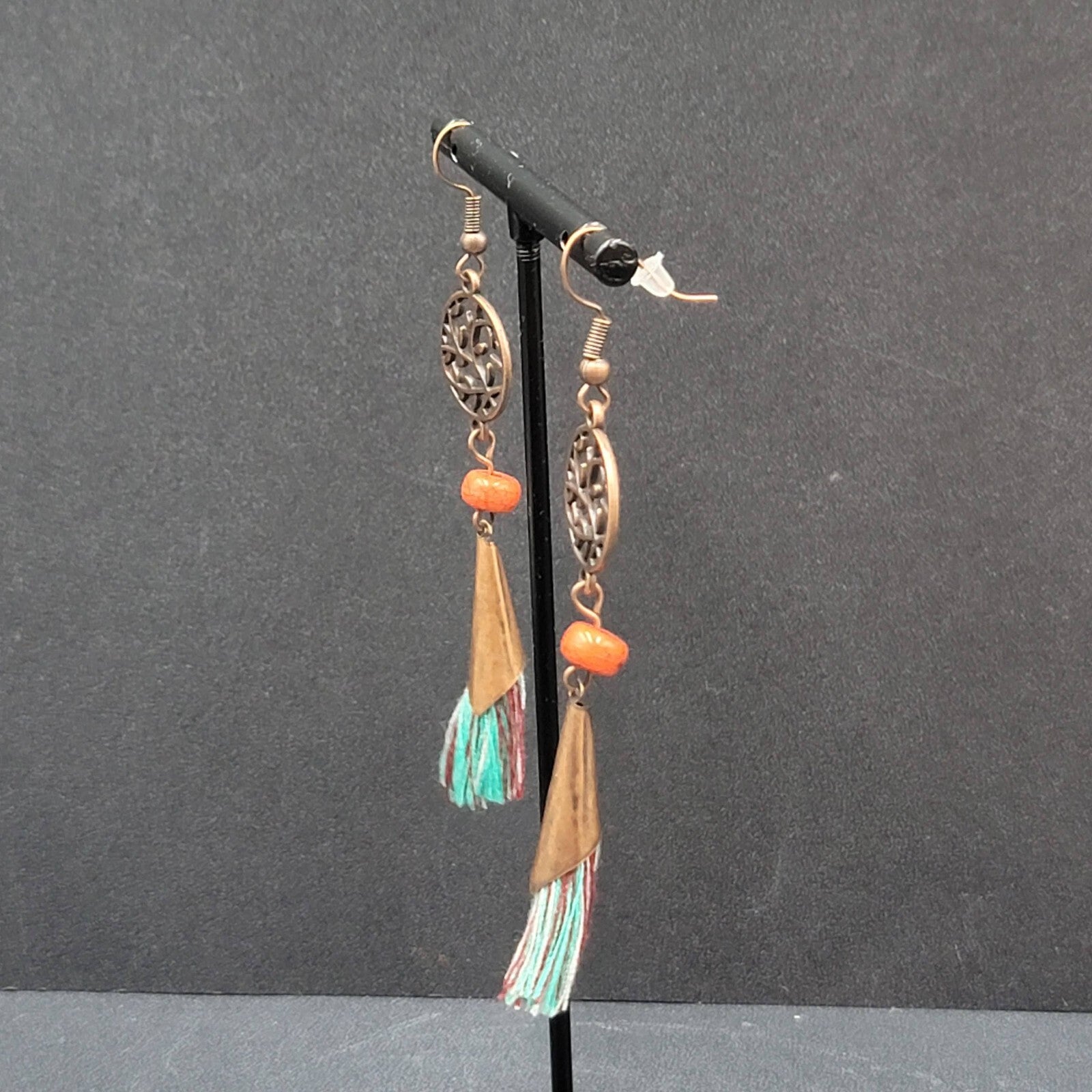 New Boho Pierced Earrings Copper tone Blue Tassel Red Bead Dangle 2.75"