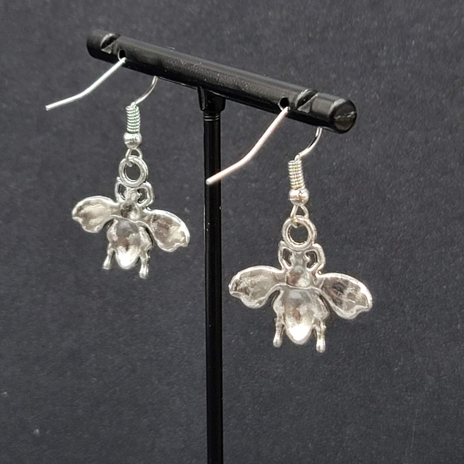 Flying Bee Pierced Earrings Silver tone Dangle 3/4"