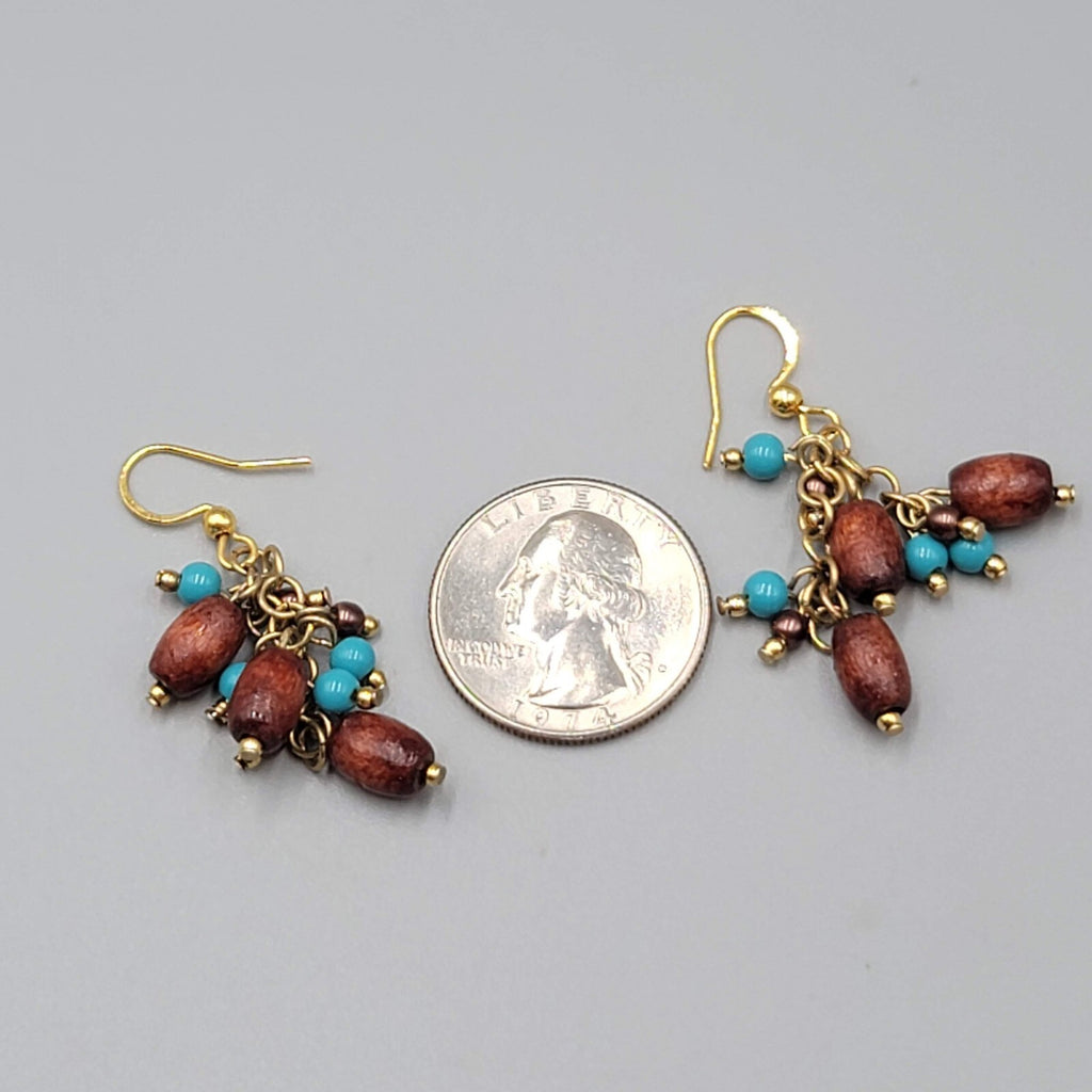 Wood Bead Pierced Earrings Gold tone Blue Bead Dangle 1.25"