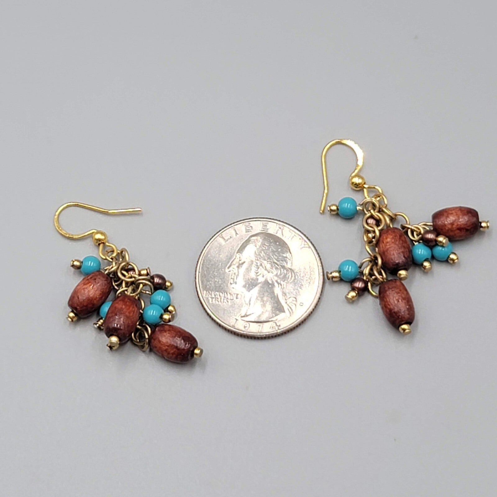 Wood Bead Pierced Earrings Gold tone Blue Bead Dangle 1.25"