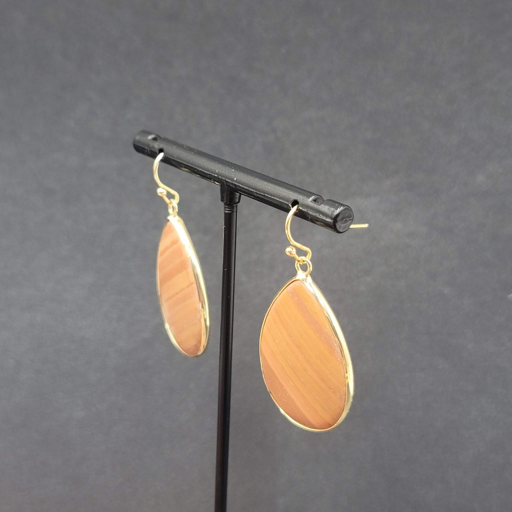 Pierced Earrings Gold tone Orange Stone Teardrop Dangle 1 3/8"