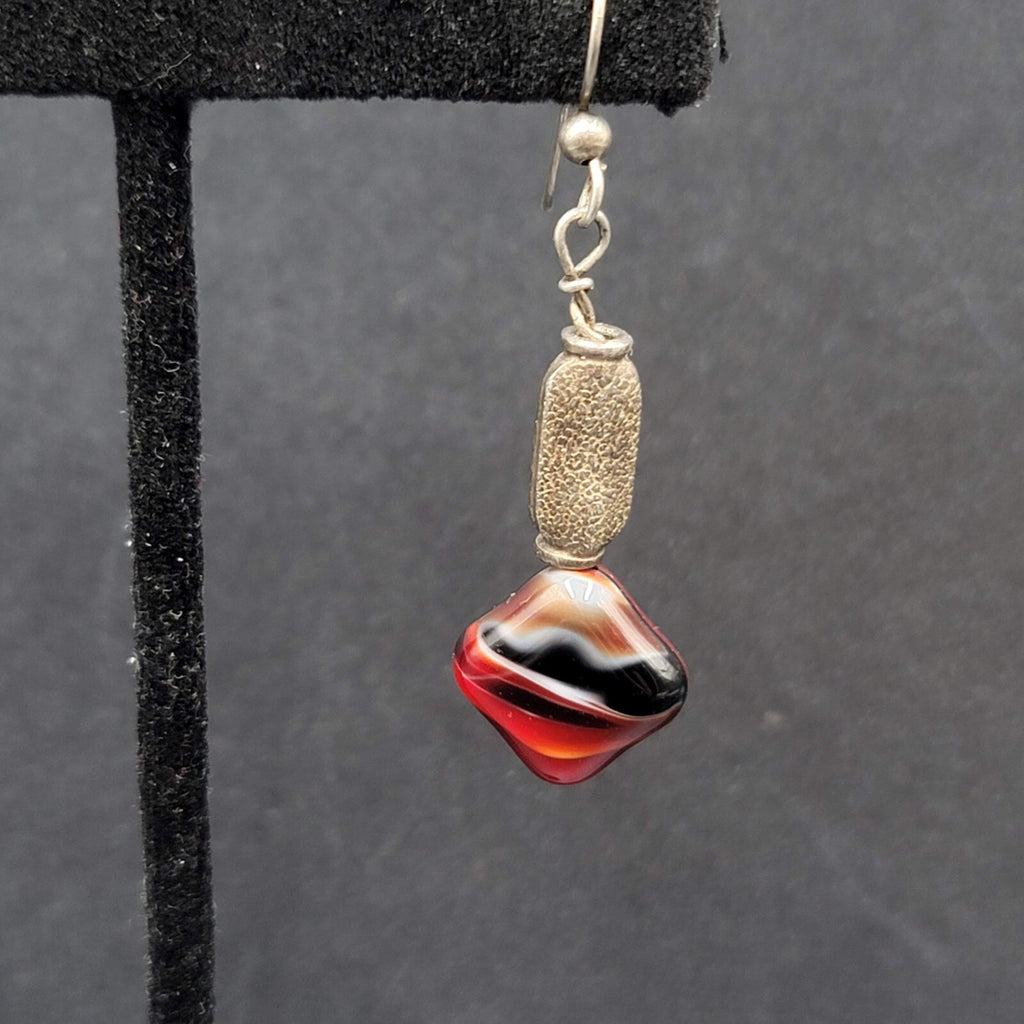 Pierced Earrings Silver tone Red Art Glass Square Bead Dangle 1.25"