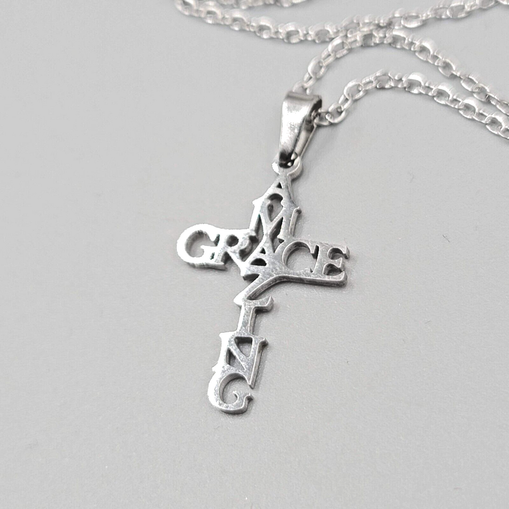 Amazing Grace Cross Pendant Necklace Silver tone New Chain 18"+