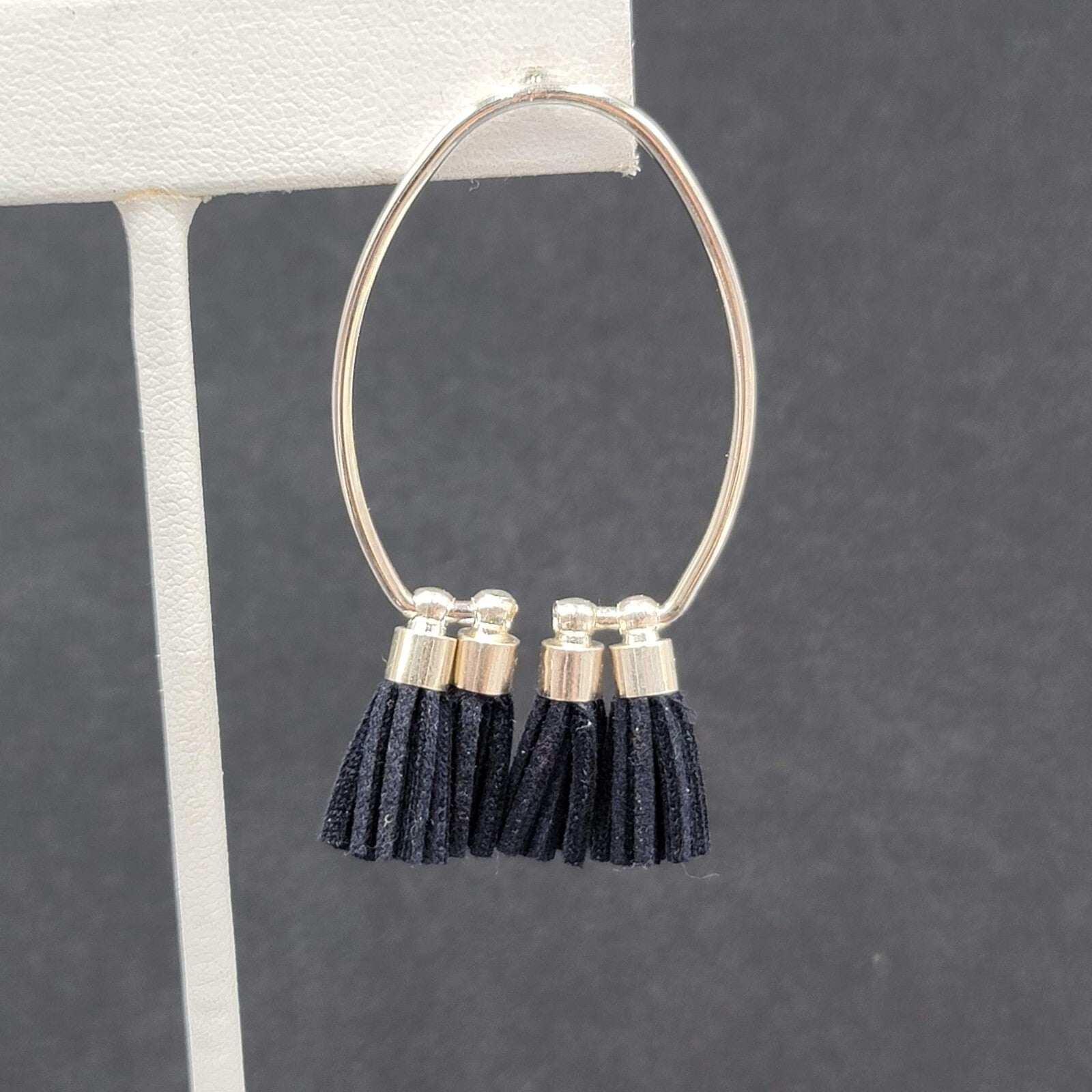 Pierced Earrings Silver tone Open Hoop Black Tassel Drop 2 1/8"