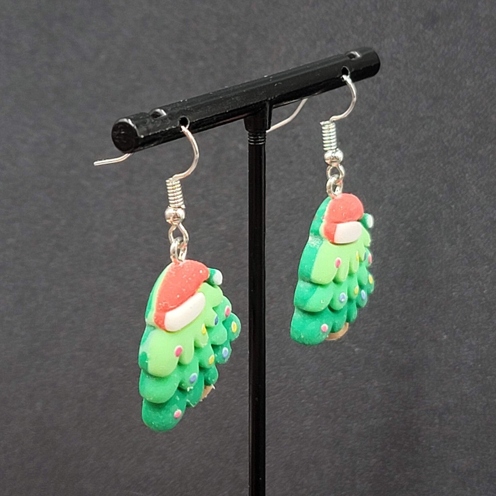 Christmas Tree Pierced Earrings Puffy 3D Dangle 1 1/8"