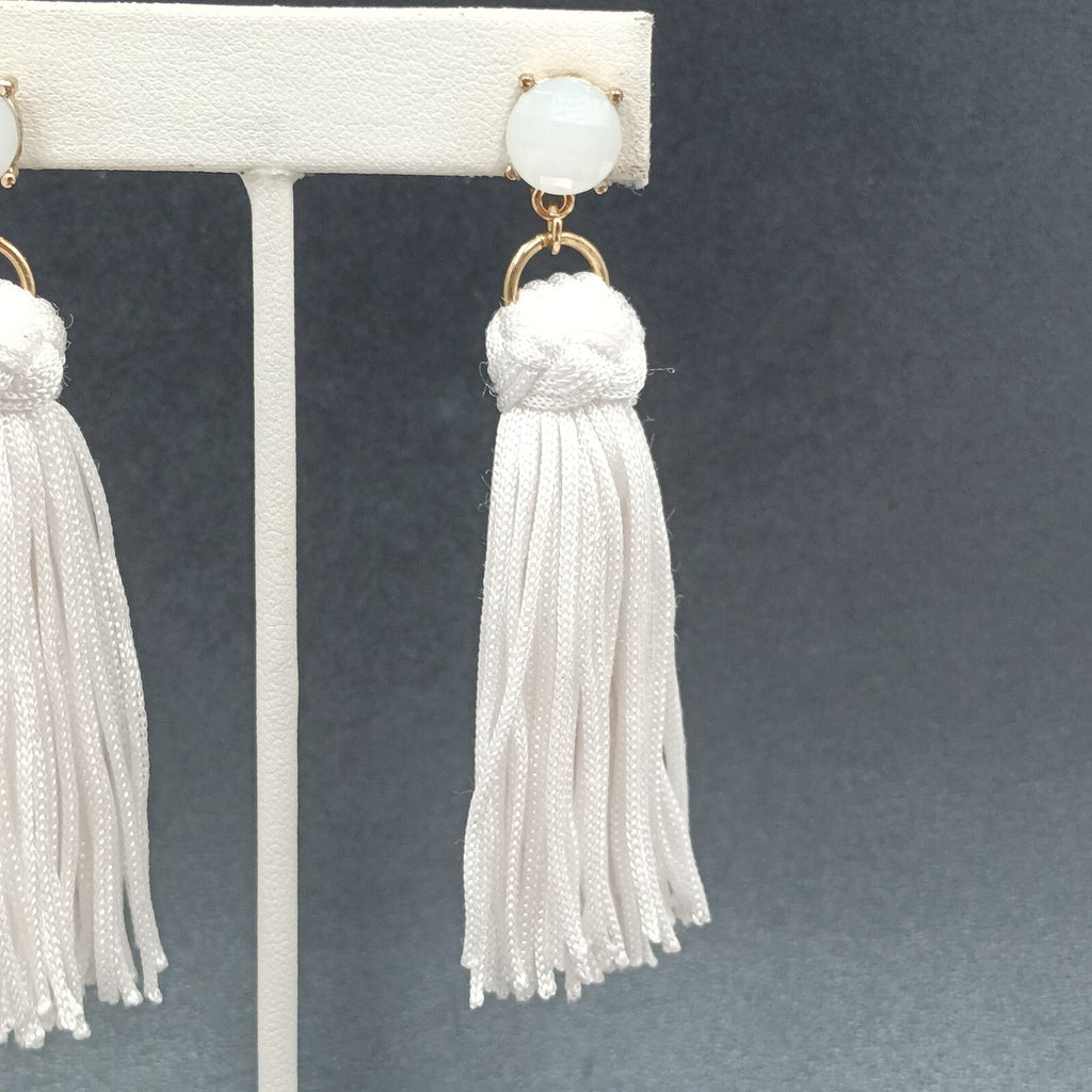 Pierced Earrings white Tassel Gold tone Faceted Glass Statement Dangle 3 1/4"
