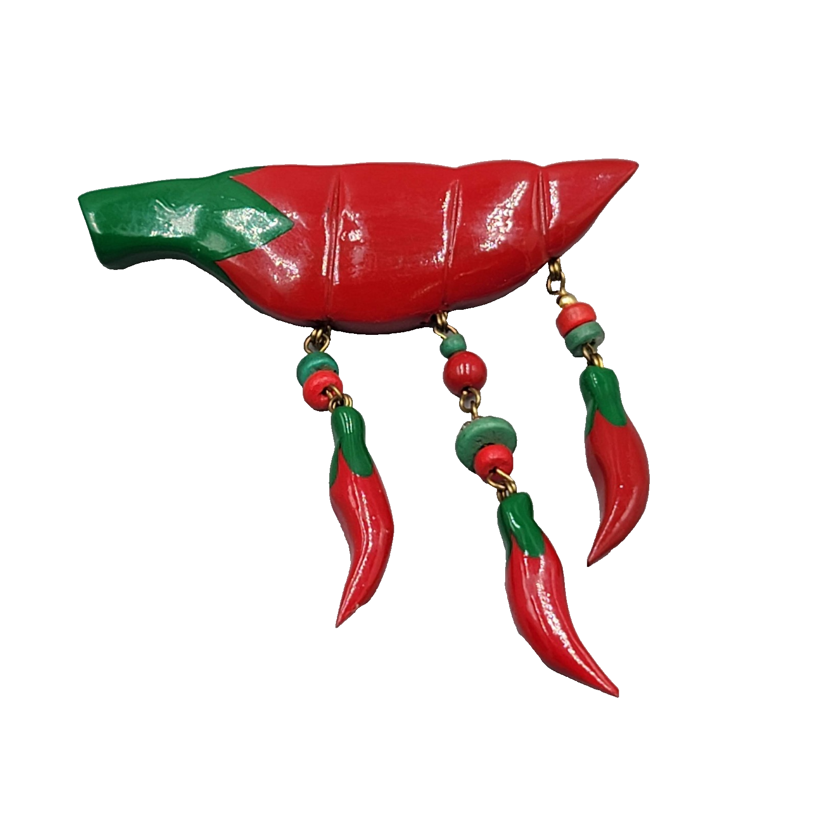 Vintage Red Chili Pepper Brooch Hand Painted Wood Statement 3"