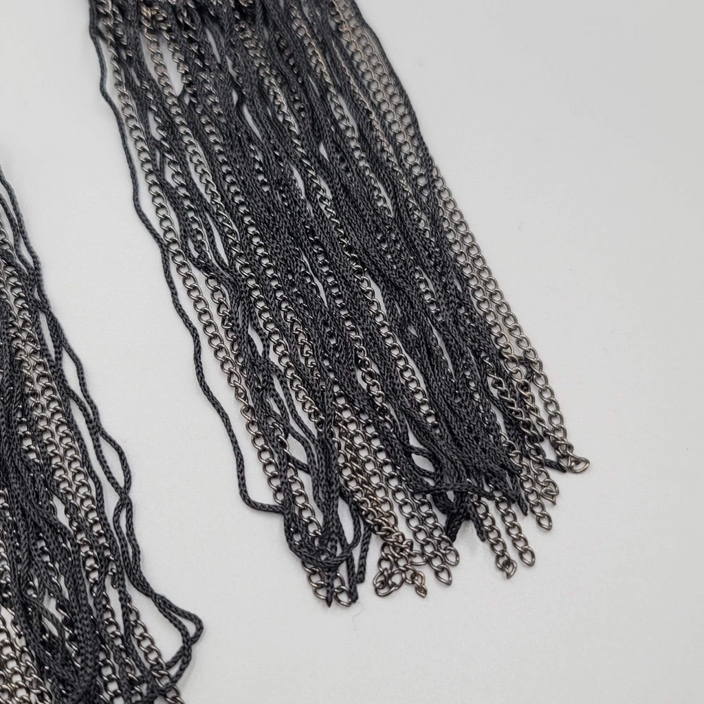 LONG Statement Pierced Earrings Black Silver tone Chains Punk Rock 6"