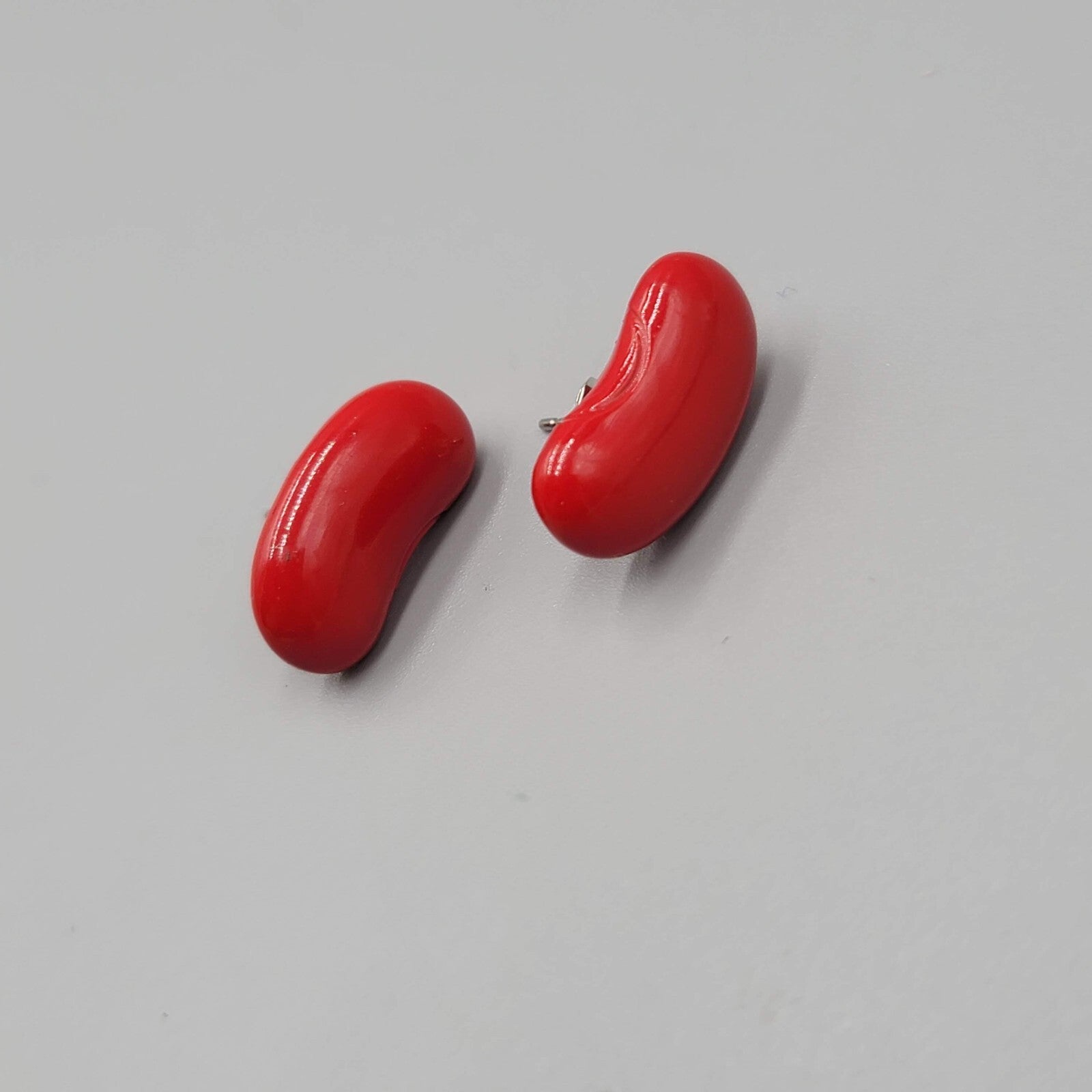 Vintage Red Enamel Pierced Earrings Kidney Shape Drop 3/4"