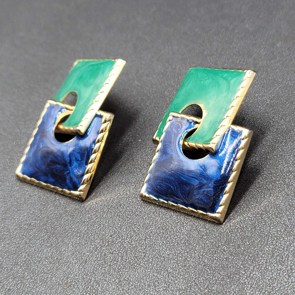 Vintage Pierced Earrings Gold tone Blue Teal Enamel Double Square Drop 2"