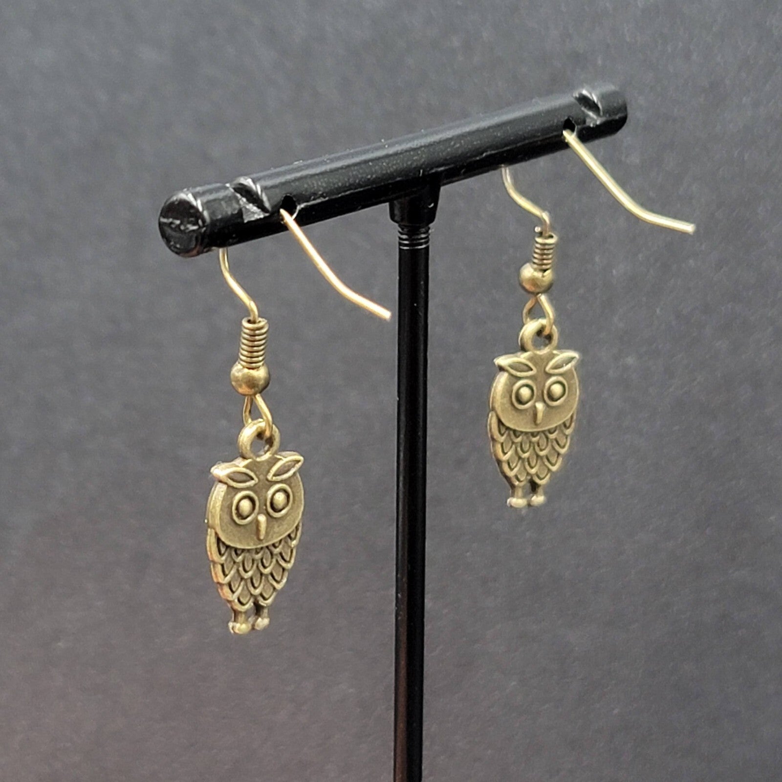 Owl Pierced Earrings Embossed Bronze tone Dangle 3/4"