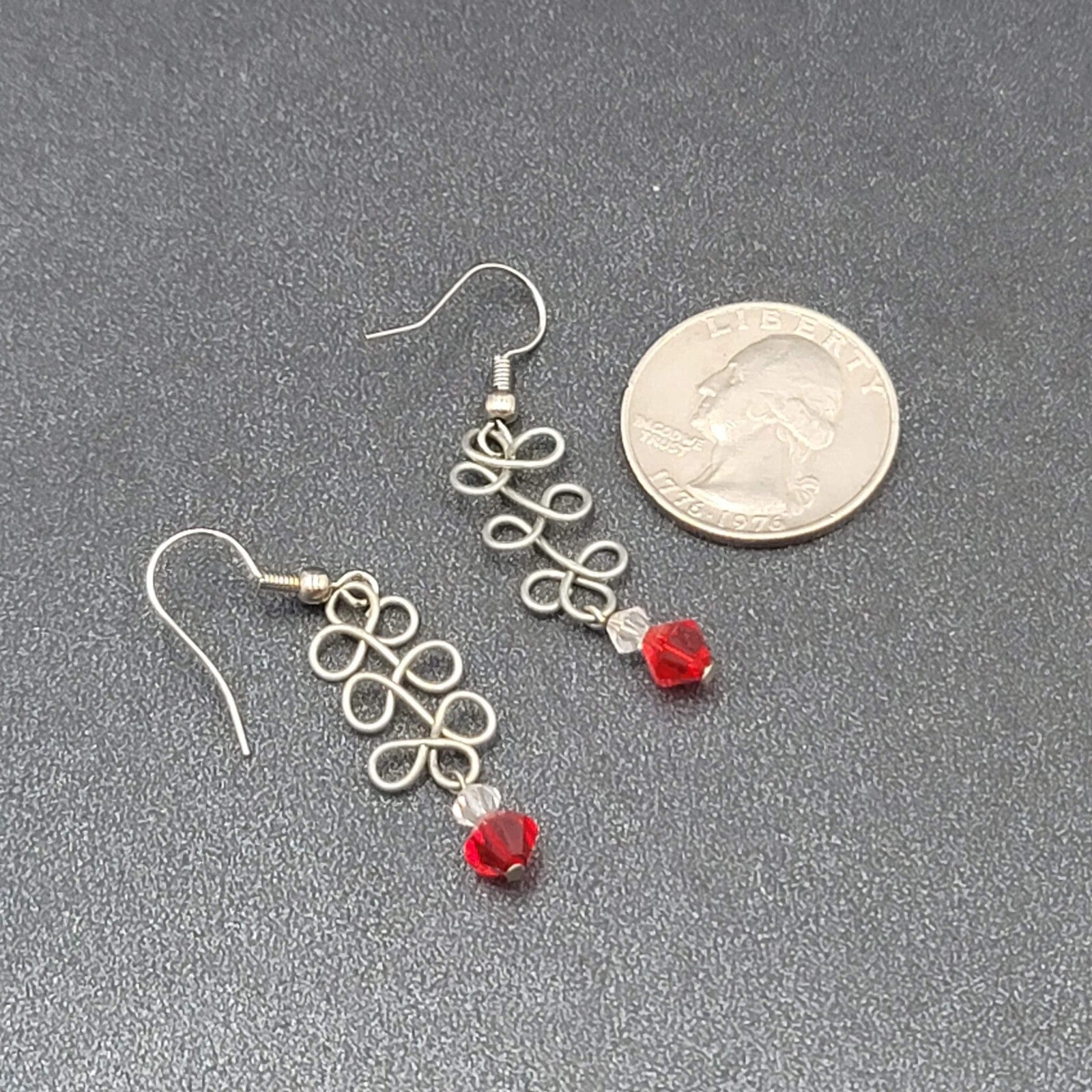 Pierced Earrings Silver tone Wire Red Crystal Bead 1.25"