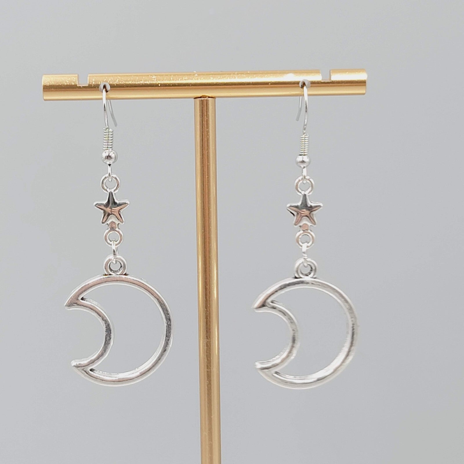 Crescent Moon Stars Pierced Earrings Open Work Silver tone Dangle 1.75"
