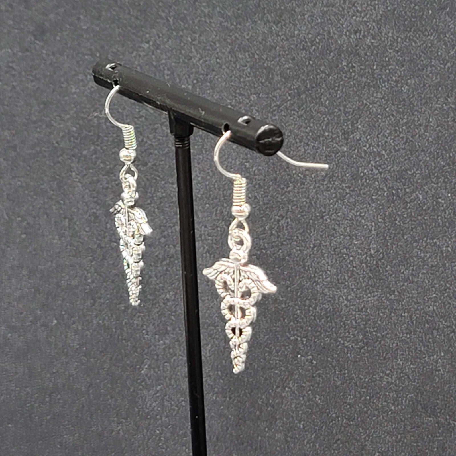  Caduceus Pierced Earrings Silver tone Medical Dangle 1"