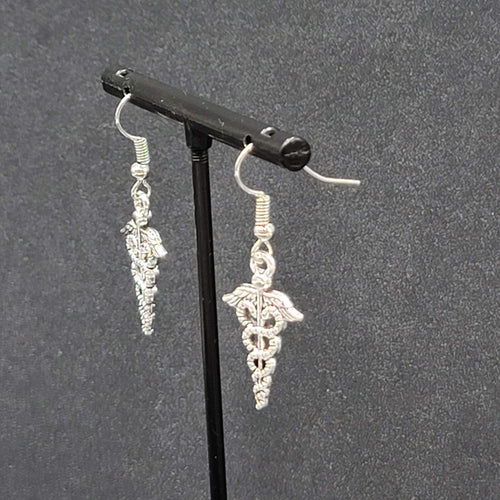  Caduceus Pierced Earrings Silver tone Medical Dangle 1"