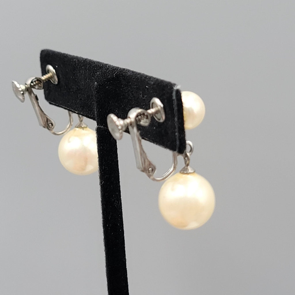 Vintage Clip on Earrings White Bead Dangle Silver tone Screw Back 1"
