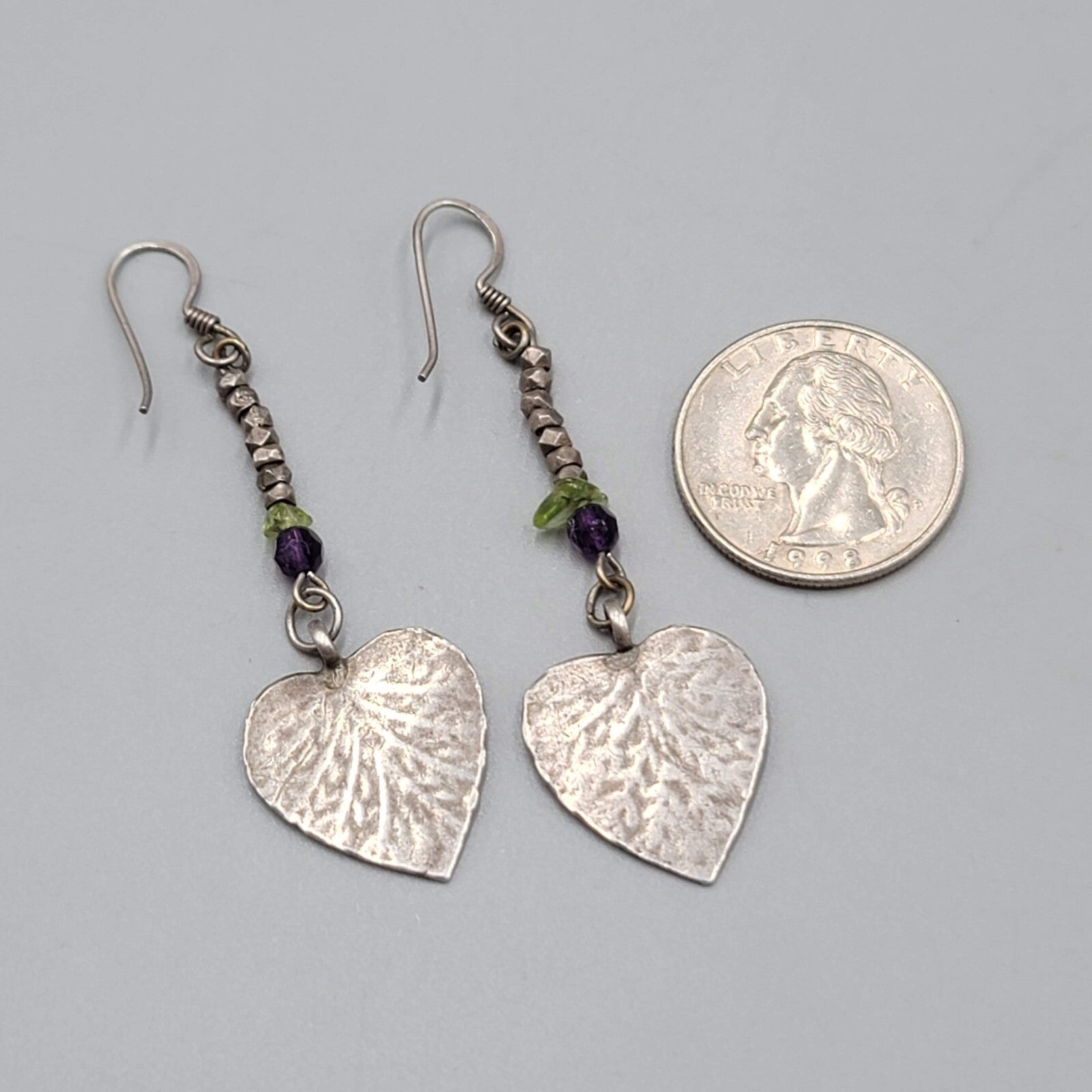Vintage Pierced Earrings Silver tone Engraved Leaf Bead Dangle 1.75"